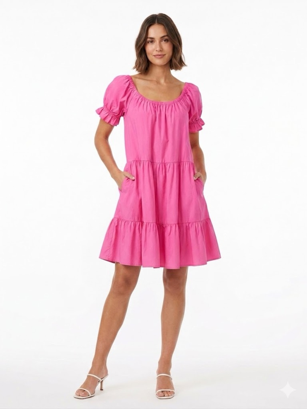 BURU Pink Tiered Cotton Puff Sleeve Mini Dress